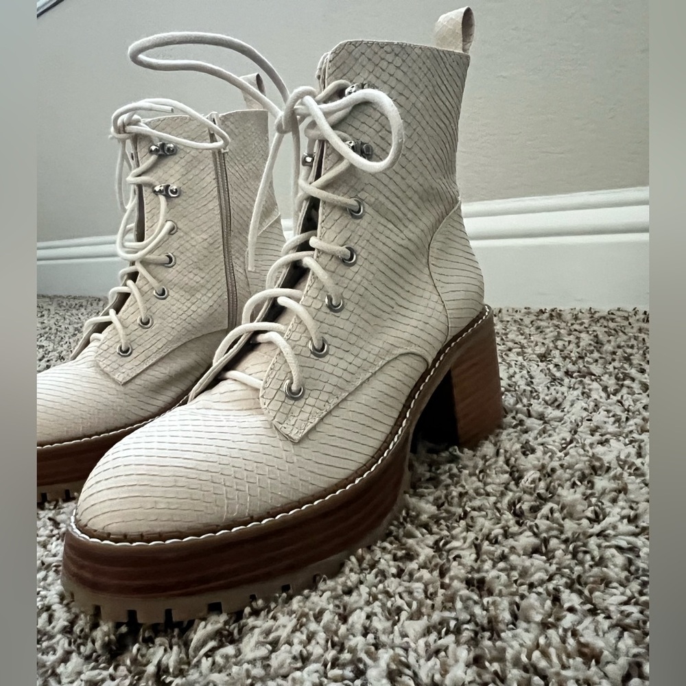 Mia White Snakeskin Combat Boots- 8.5